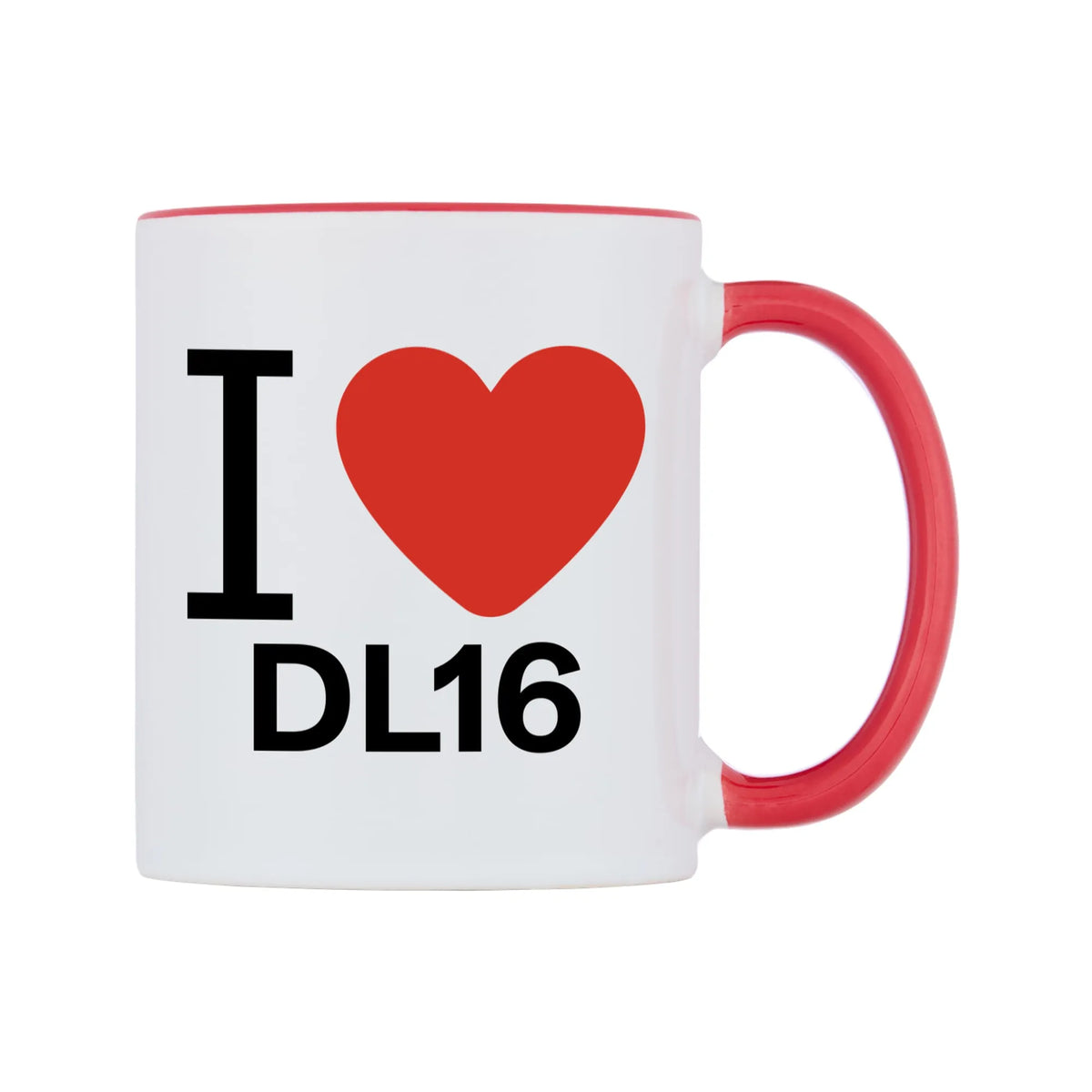 I Love DL16 Mug — white 11oz gloss mug with a red inside and handle, left side, on a white background