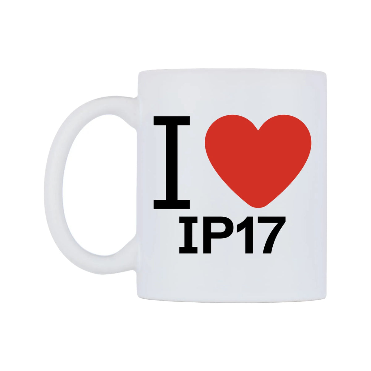 I Love IP17 Mug — white 11oz gloss mug, right side, on a white background