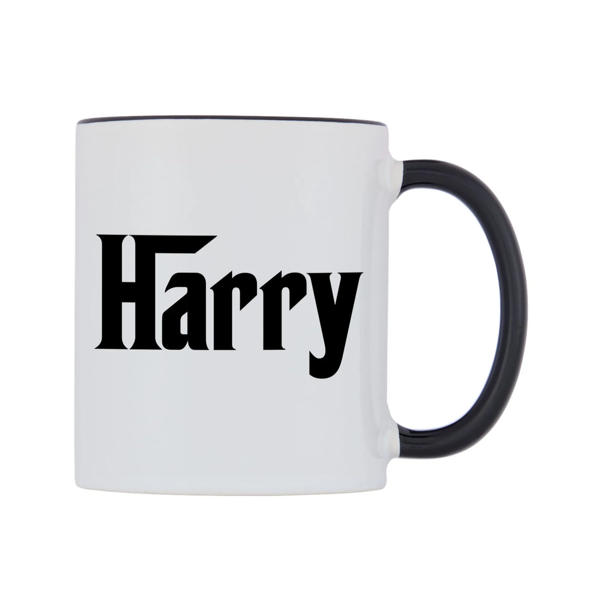 Harry - Godfather Themed Mug — white 11oz gloss mug with a black inside and handle, left side, on a white background