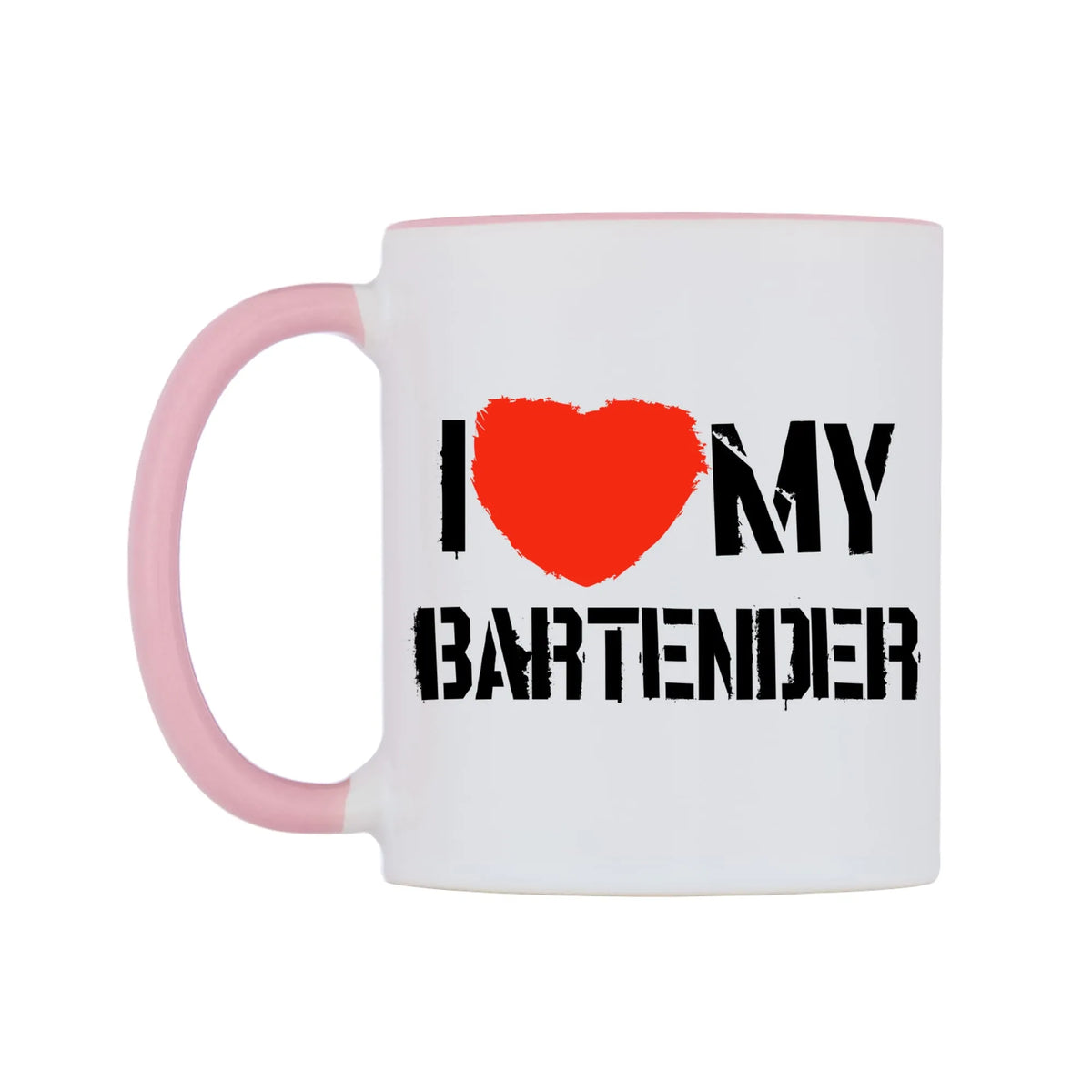 I Love My Bartender Mug — white 11oz gloss mug with a pink inside and handle, right side, on a white background