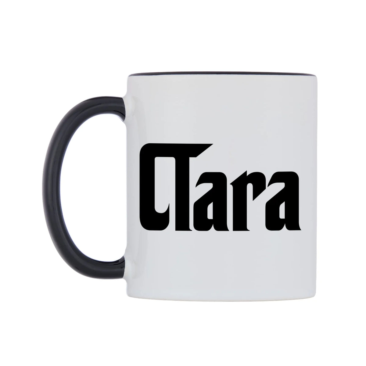Clara - Godfather Themed Mug — white 11oz gloss mug with a black inside and handle, right side, on a white background
