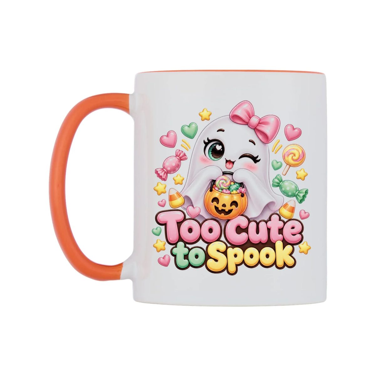 Too Cute to Spook Mug — white 11oz gloss mug with a orange inside and handle, right side, on a white background