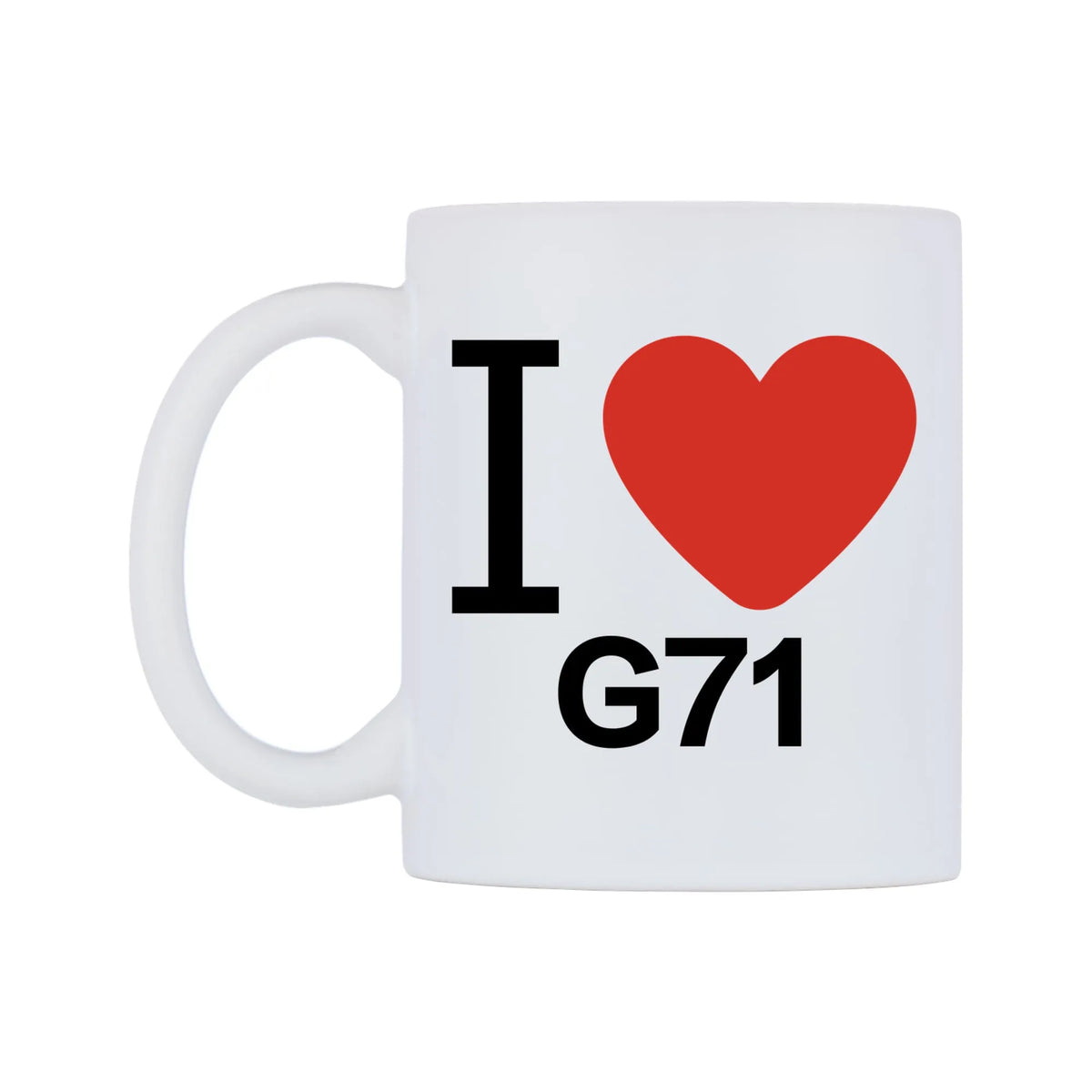 I Love G71 Mug — white 11oz gloss mug, right side, on a white background