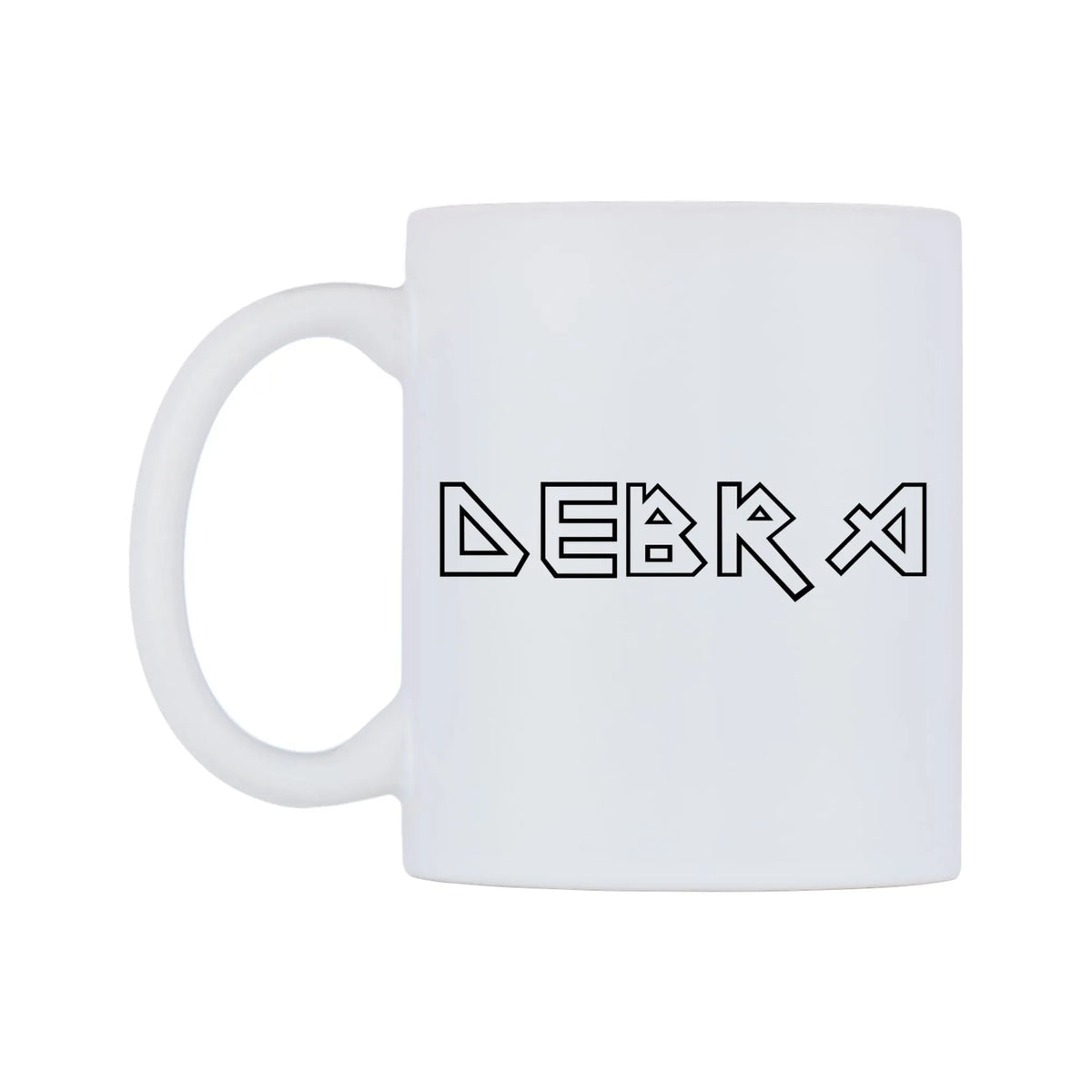 Debra - Iron Maiden Themed Mug — white 11oz gloss mug, right side, on a white background