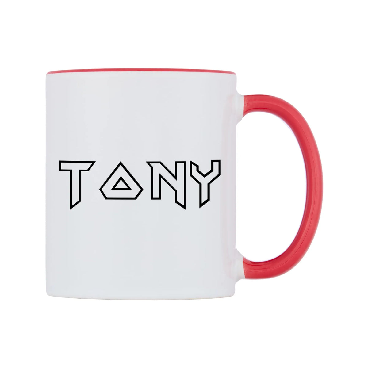 Tony - Iron Maiden Themed Mug — white 11oz gloss mug with a red inside and handle, left side, on a white background