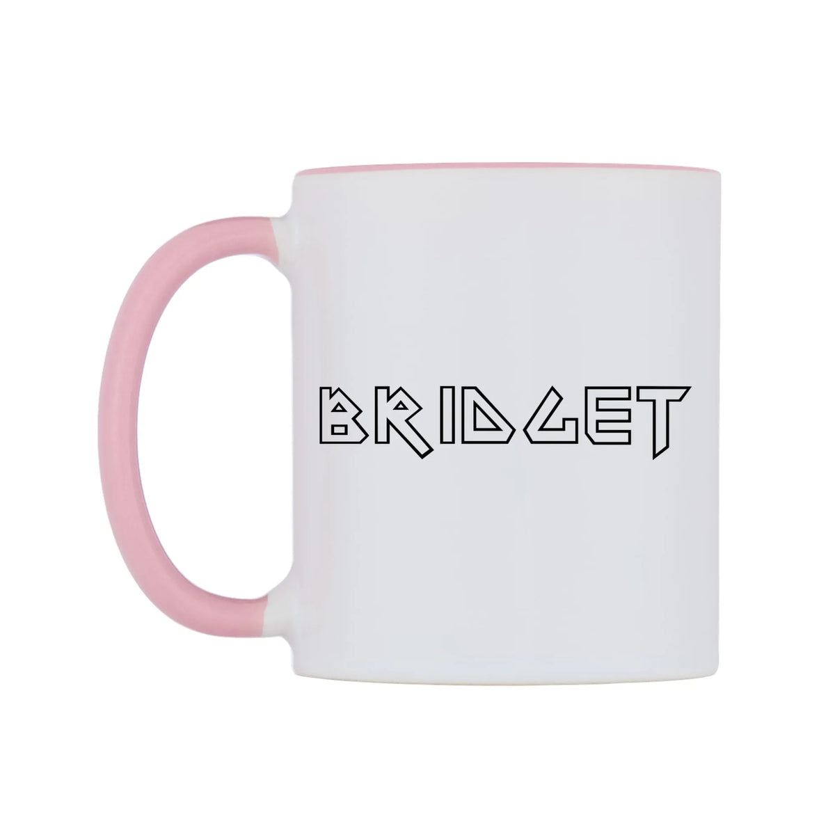 Bridget - Iron Maiden Themed Mug — white 11oz gloss mug with a pink inside and handle, right side, on a white background