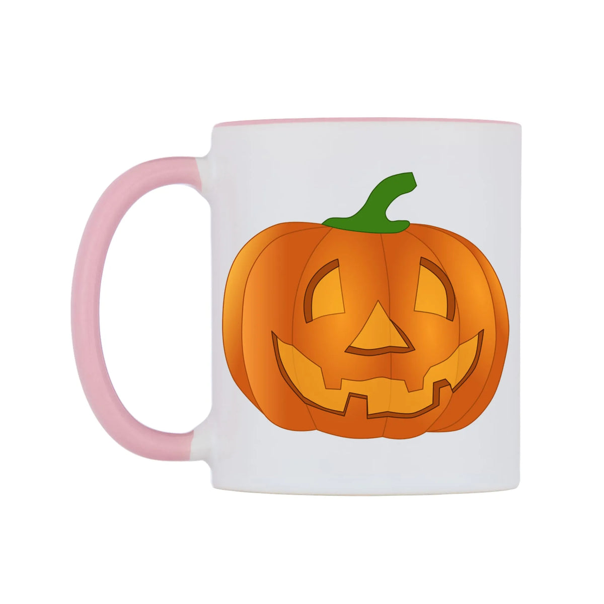 Halloween Pumpkin Mug — white 11oz gloss mug with a pink inside and handle, right side, on a white background
