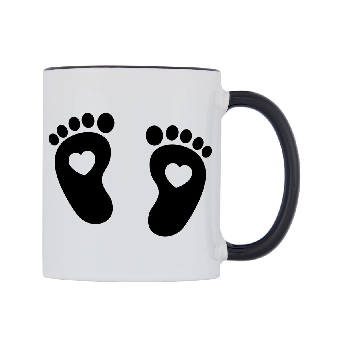 Black Feet Love Heart Mug — white 11oz gloss mug with a black inside and handle, left side, on a white background