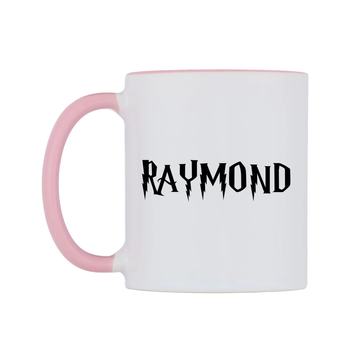 Raymond - Wizard Themed Mug — white 11oz gloss mug with a pink inside and handle, right side, on a white background