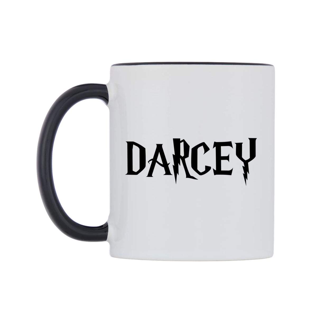 Darcey - Wizard Themed Mug — white 11oz gloss mug with a black inside and handle, right side, on a white background
