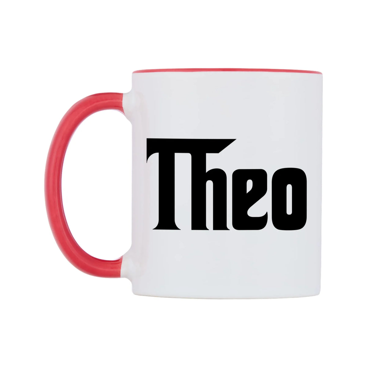 Theo - Godfather Themed Mug — white 11oz gloss mug with a red inside and handle, right side, on a white background