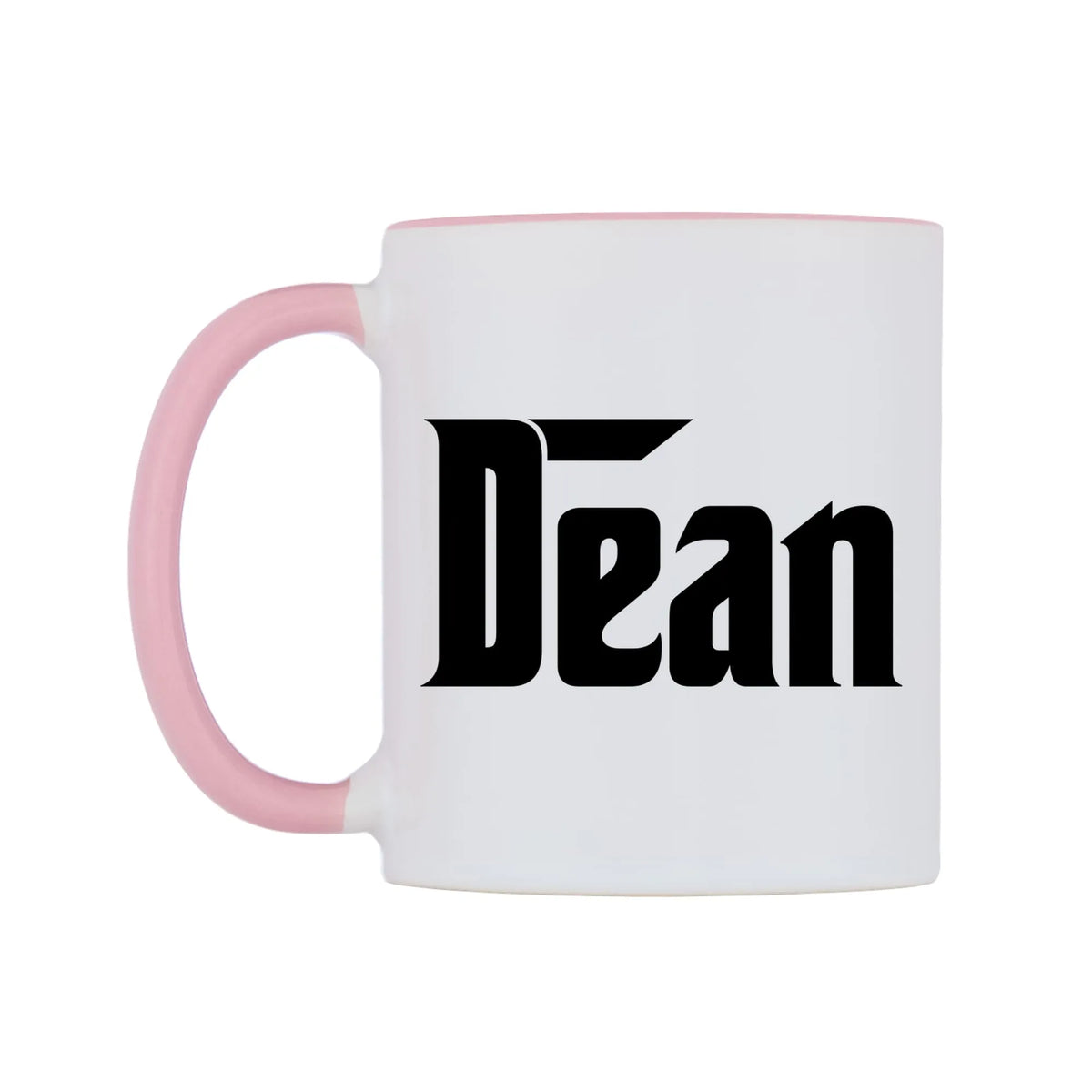 Dean - Godfather Themed Mug — white 11oz gloss mug with a pink inside and handle, right side, on a white background