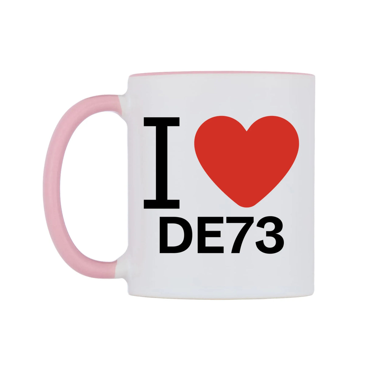I Love DE73 Mug — white 11oz gloss mug with a pink inside and handle, right side, on a white background