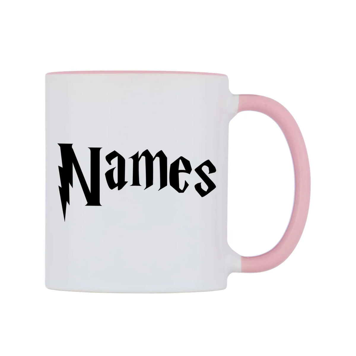 Personlised Wizard Themed Font Name Mug — white 11oz gloss mug with a pink inside and handle, left side, on a white background