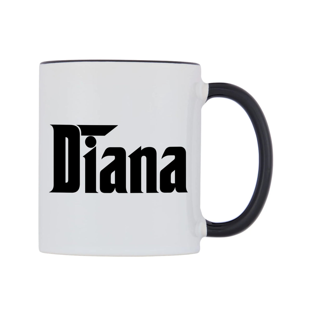 Diana - Godfather Themed Mug — white 11oz gloss mug with a black inside and handle, left side, on a white background