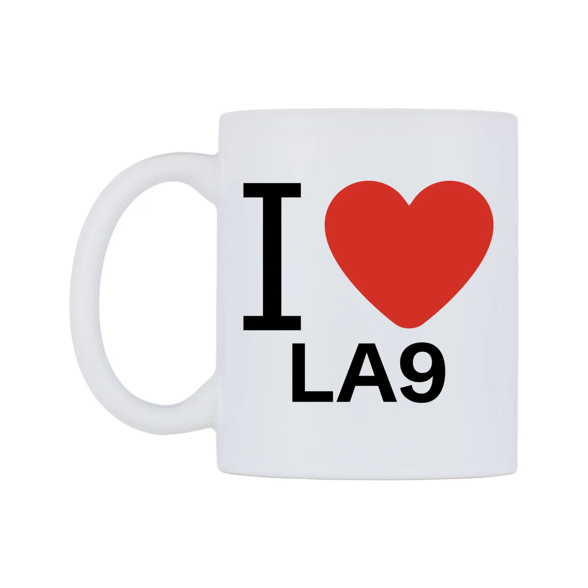 I Love LA9 Mug — white 11oz gloss mug, right side, on a white background