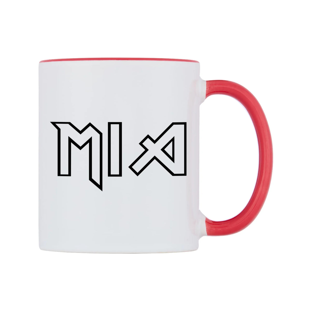 Mia - Iron Maiden Themed Mug — white 11oz gloss mug with a red inside and handle, left side, on a white background