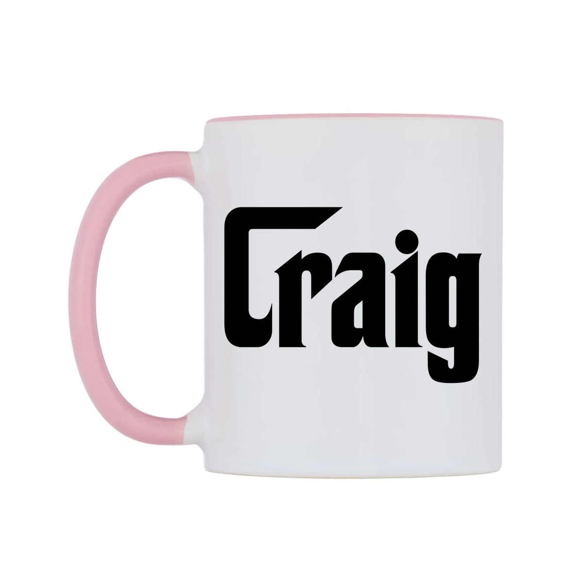 Craig - Godfather Themed Mug — white 11oz gloss mug with a pink inside and handle, right side, on a white background