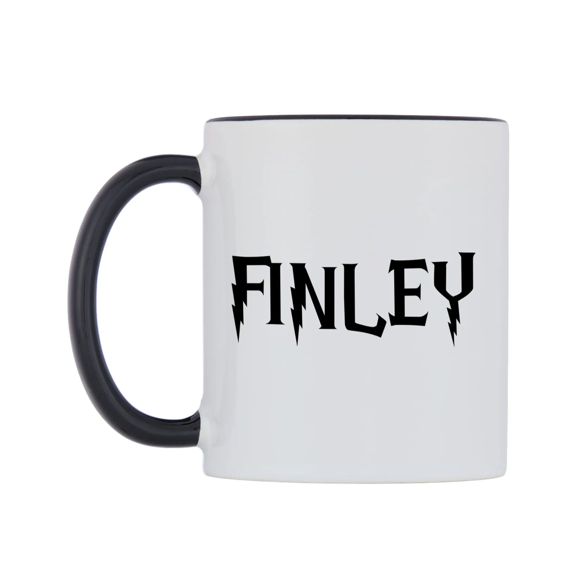 Finley - Wizard Themed Mug — white 11oz gloss mug with a black inside and handle, right side, on a white background