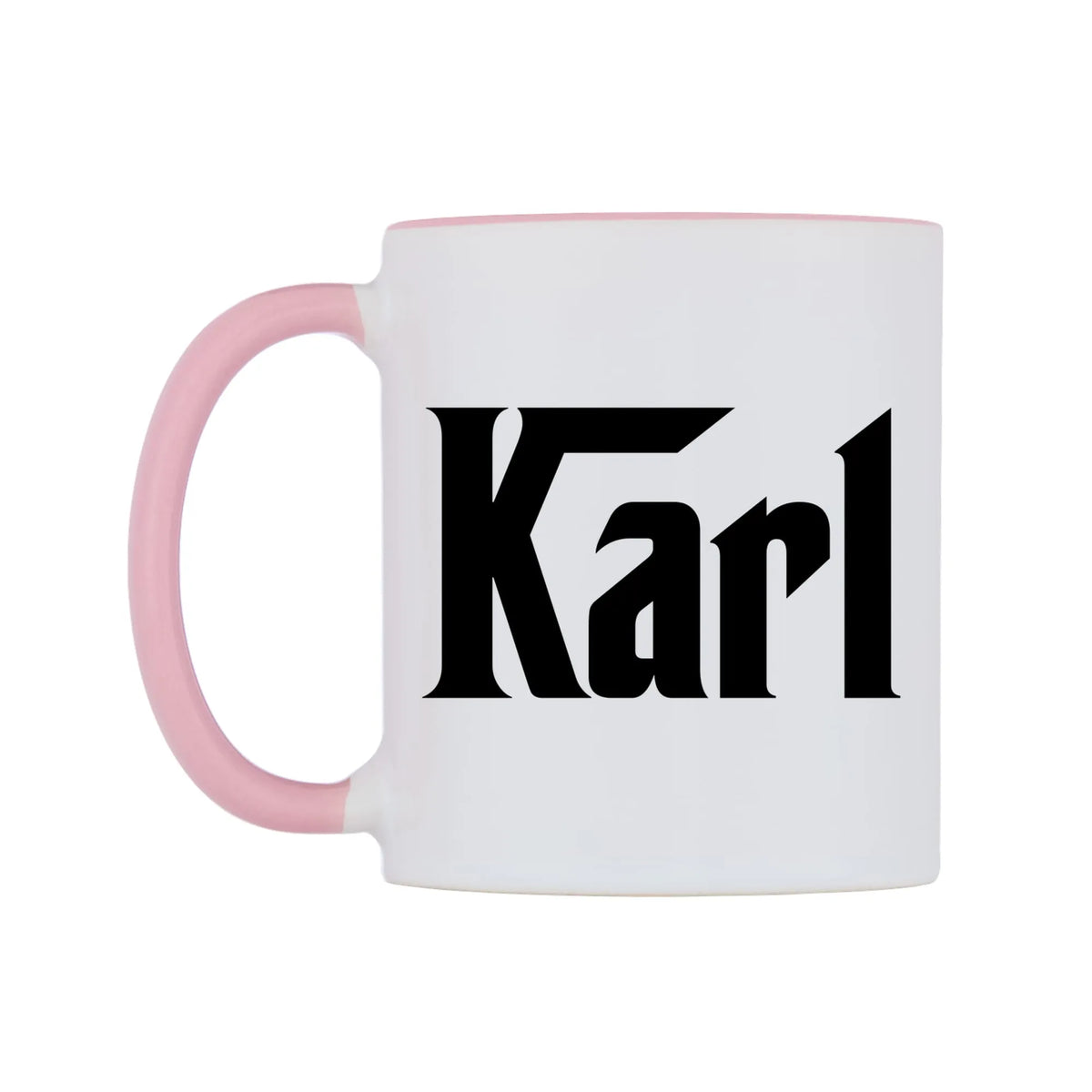 Karl - Godfather Themed Mug — white 11oz gloss mug with a pink inside and handle, right side, on a white background