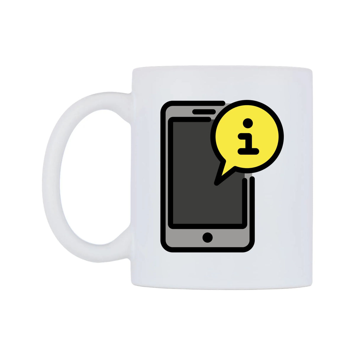 Mobile Info Emoji Mug — mug, right side, on a white background