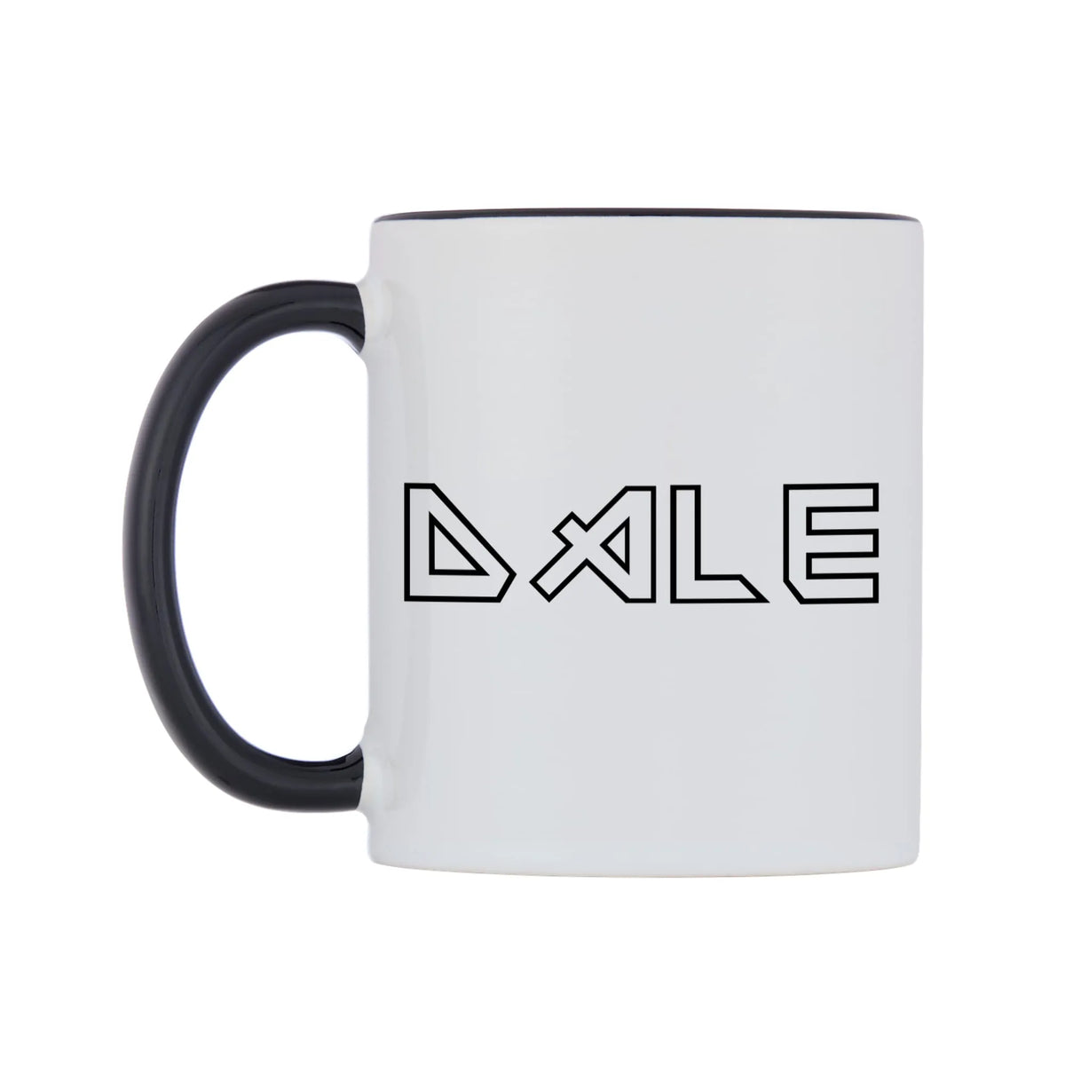 Dale - Iron Maiden Themed Mug — white 11oz gloss mug with a black inside and handle, right side, on a white background