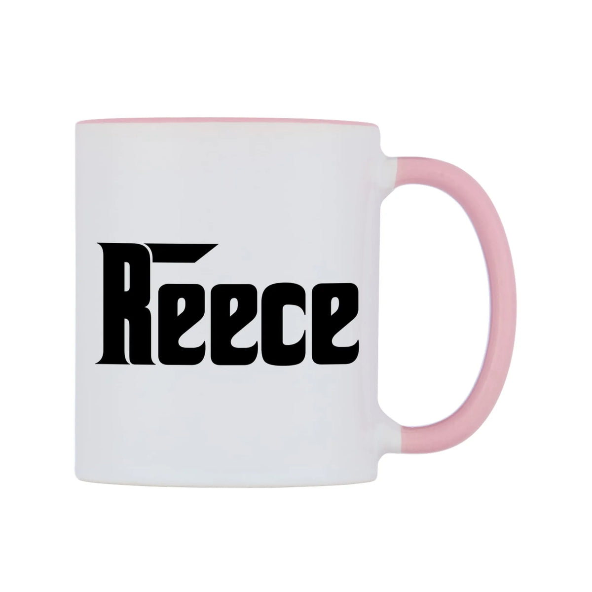 Reece - Godfather Themed Mug — white 11oz gloss mug with a pink inside and handle, left side, on a white background