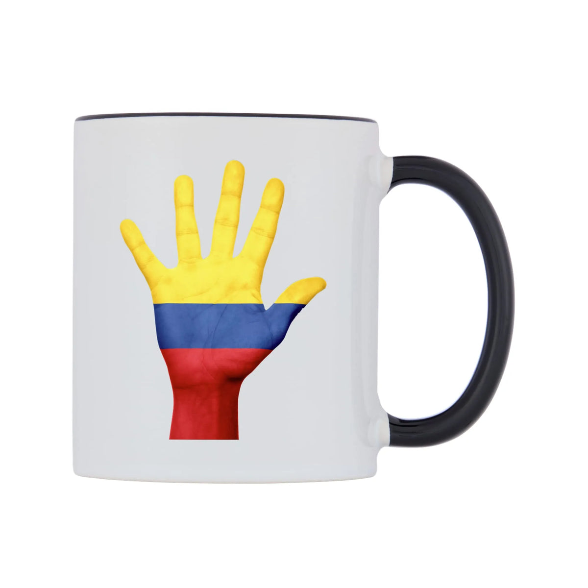 Colombia Hand Flag Mug — white 11oz gloss mug with a black inside and handle, left side, on a white background