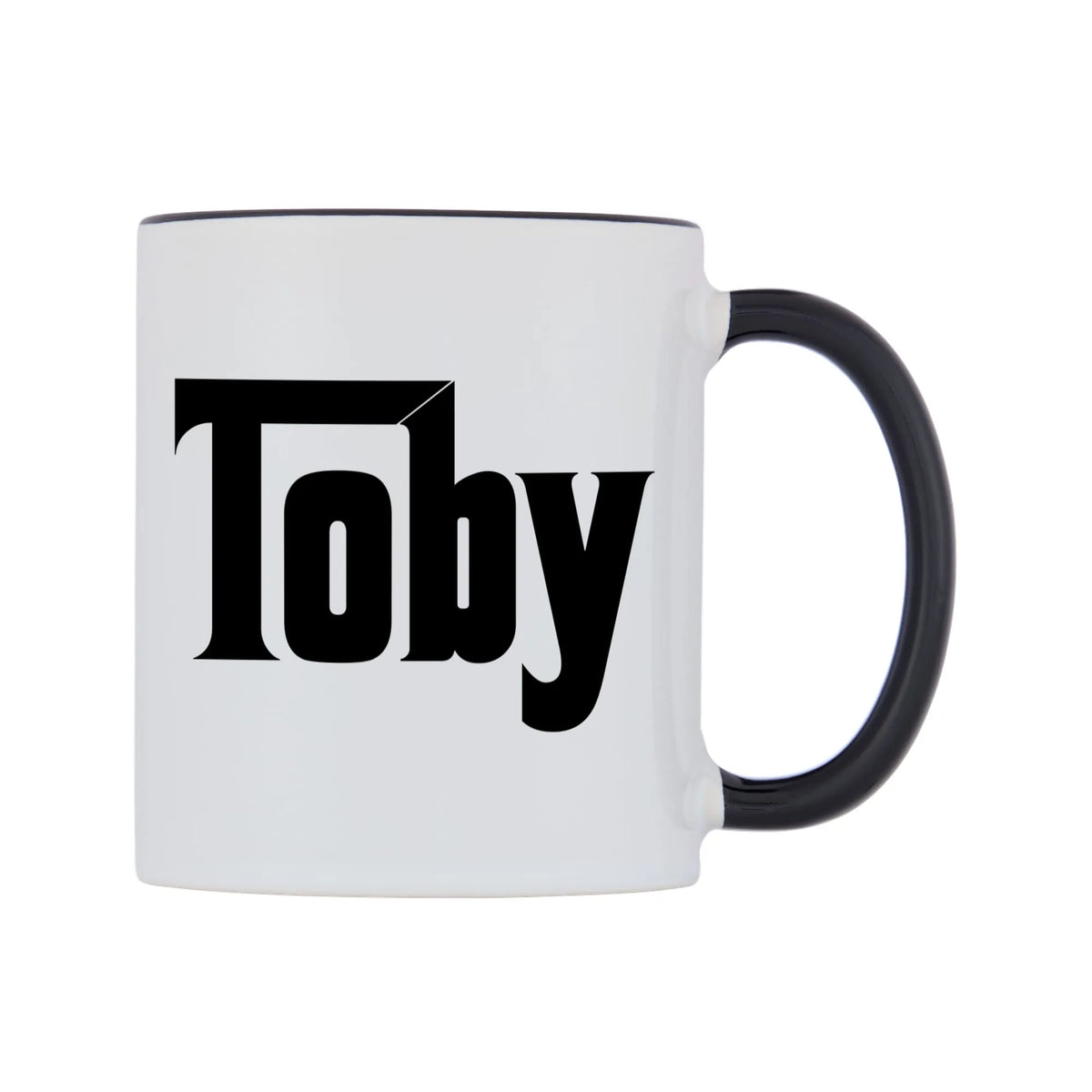 Toby - Godfather Themed Mug — white 11oz gloss mug with a black inside and handle, left side, on a white background
