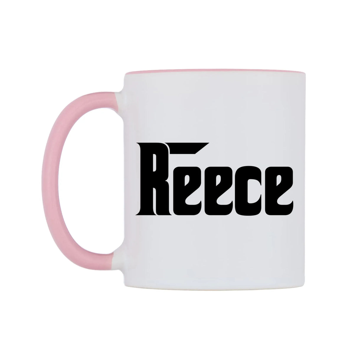 Reece - Godfather Themed Mug — white 11oz gloss mug with a pink inside and handle, right side, on a white background