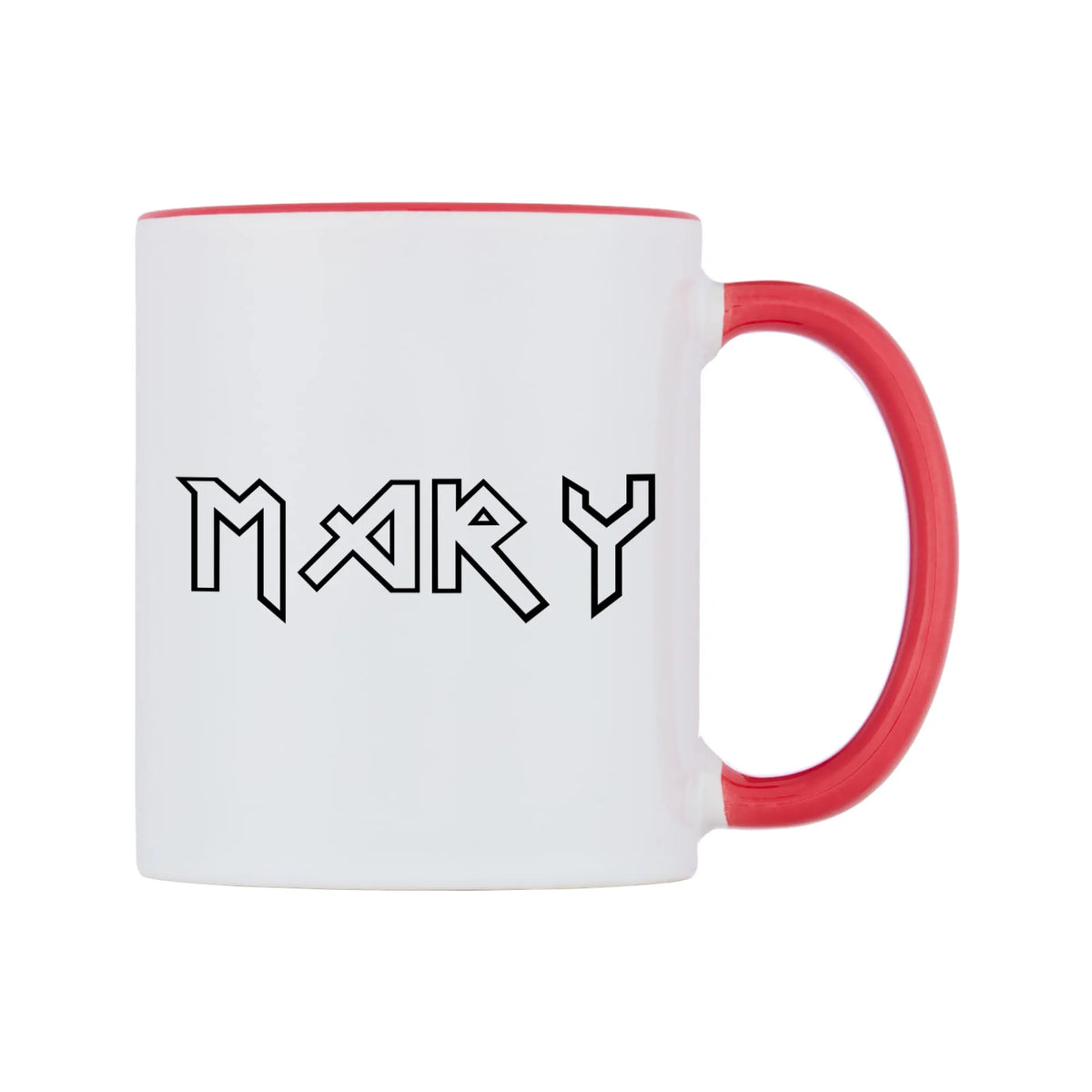 Mary - Iron Maiden Themed Mug — white 11oz gloss mug with a red inside and handle, left side, on a white background