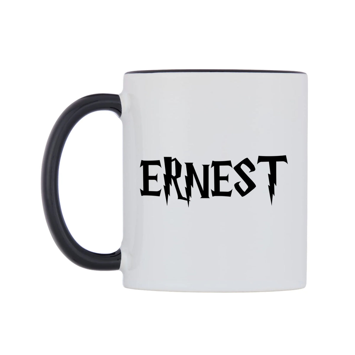 Ernest - Wizard Themed Mug — white 11oz gloss mug with a black inside and handle, right side, on a white background