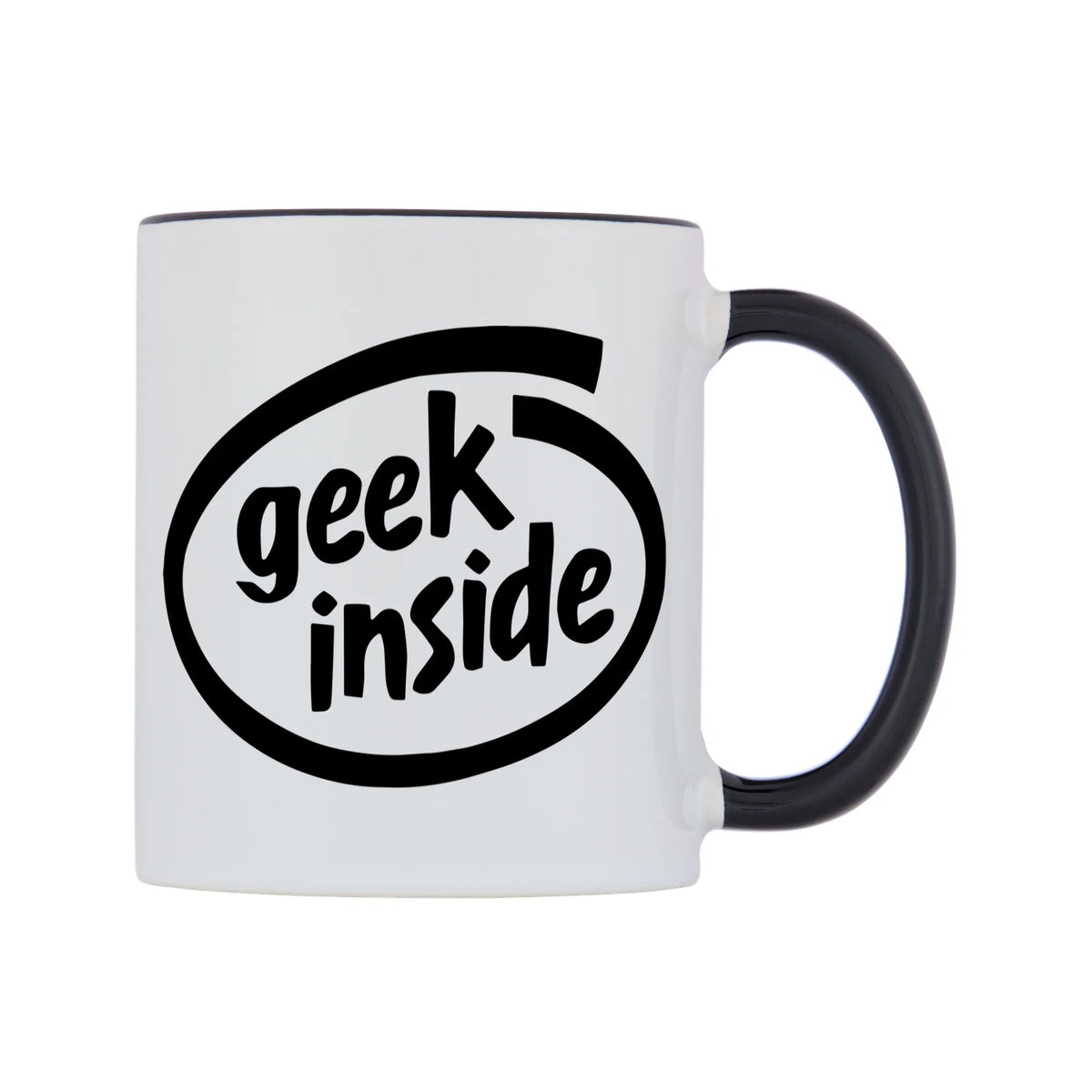 Geek Inside Mug — white 11oz gloss mug with a black inside and handle, left side, on a white background