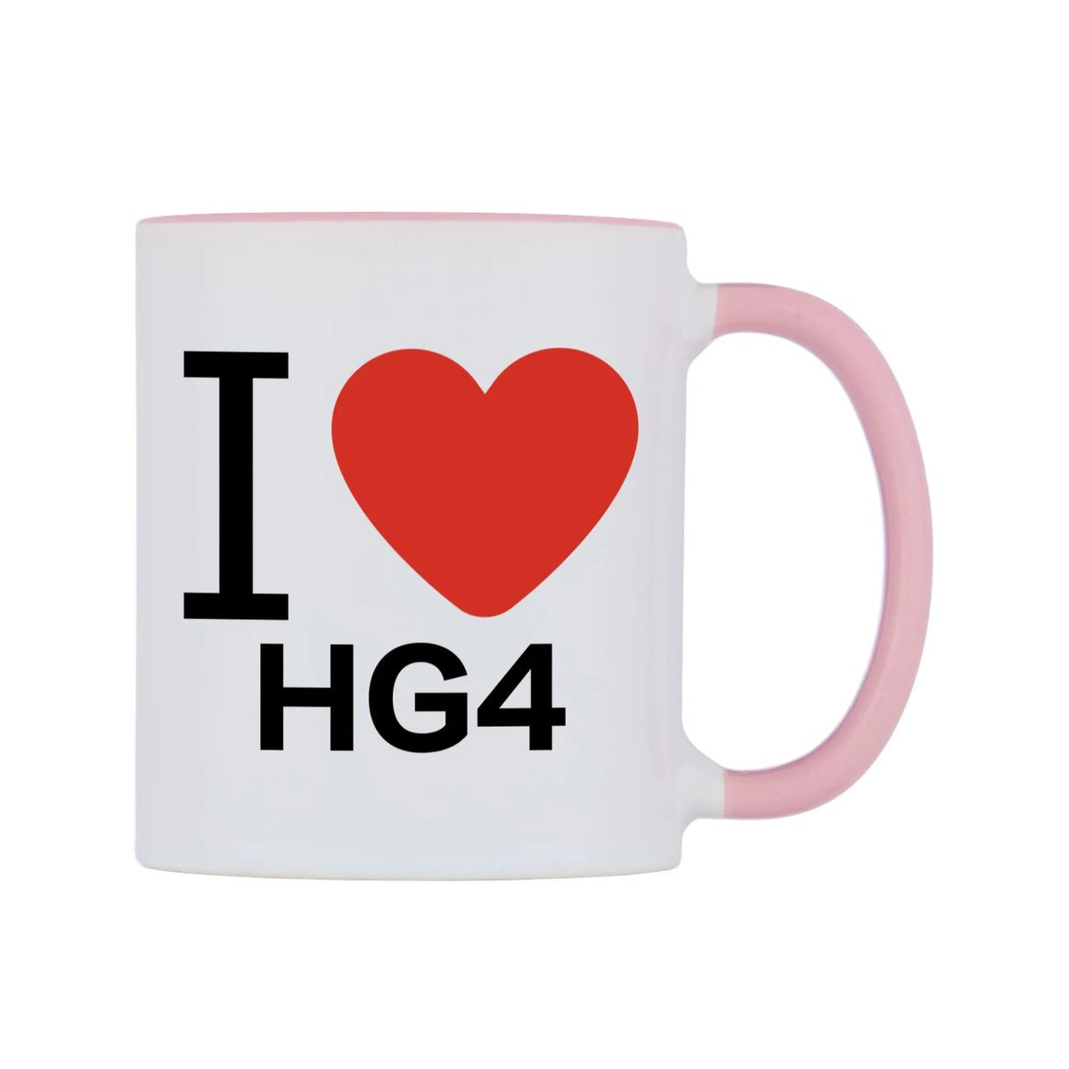 I Love HG4 Mug — white 11oz gloss mug with a pink inside and handle, left side, on a white background
