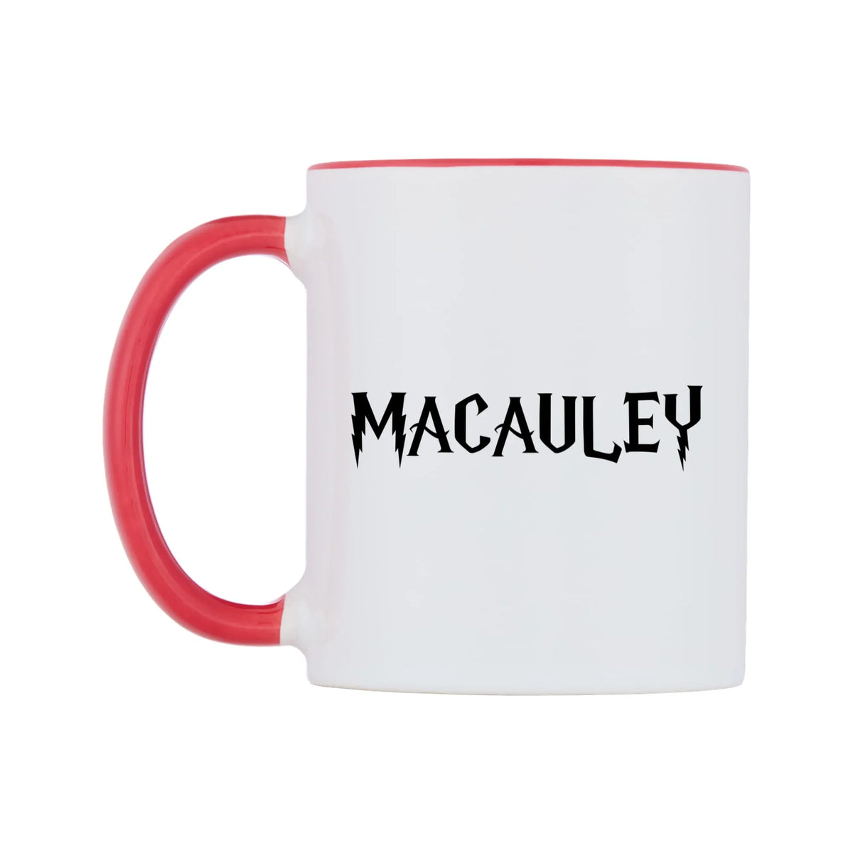 Macauley - Wizard Themed Mug — white 11oz gloss mug with a red inside and handle, right side, on a white background