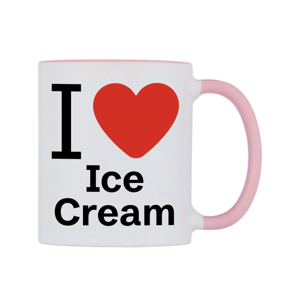 I Love Ice Cream Mug — white 11oz gloss mug with a pink inside and handle, left side, on a white background