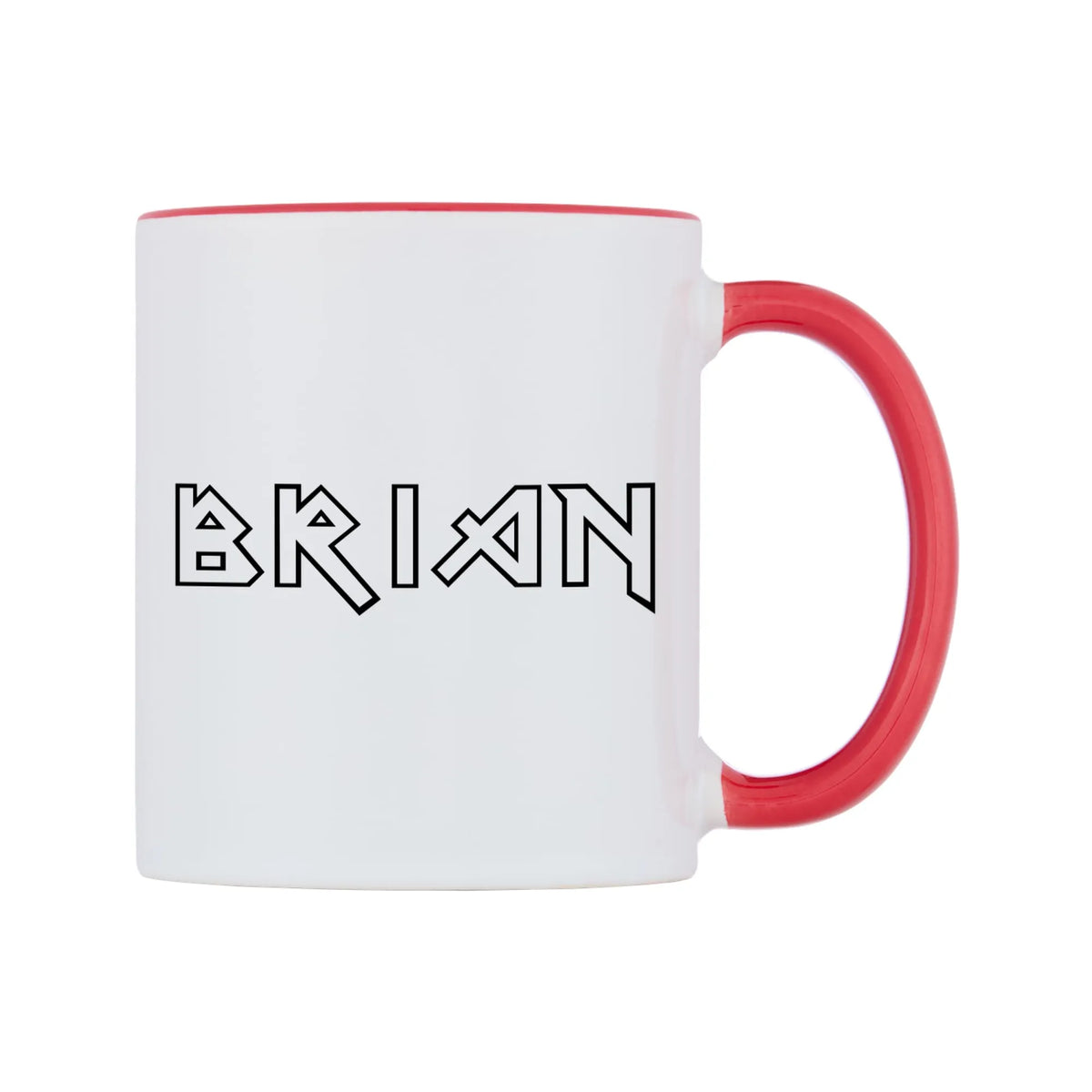 Brian - Iron Maiden Themed Mug — white 11oz gloss mug with a red inside and handle, left side, on a white background