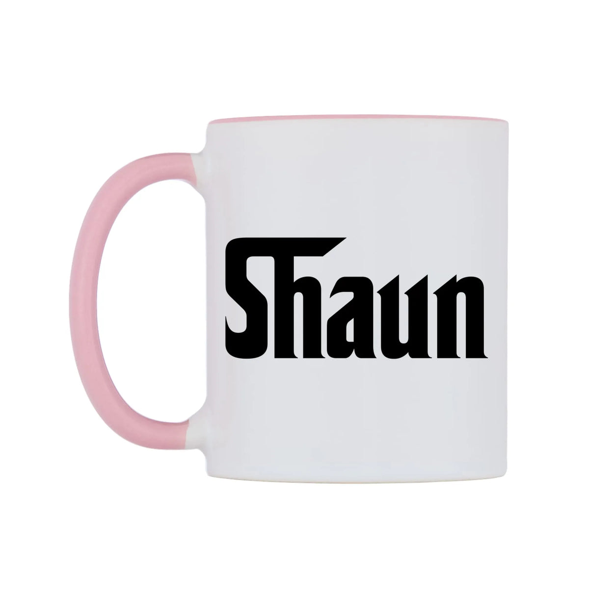 Shaun - Godfather Themed Mug — white 11oz gloss mug with a pink inside and handle, right side, on a white background