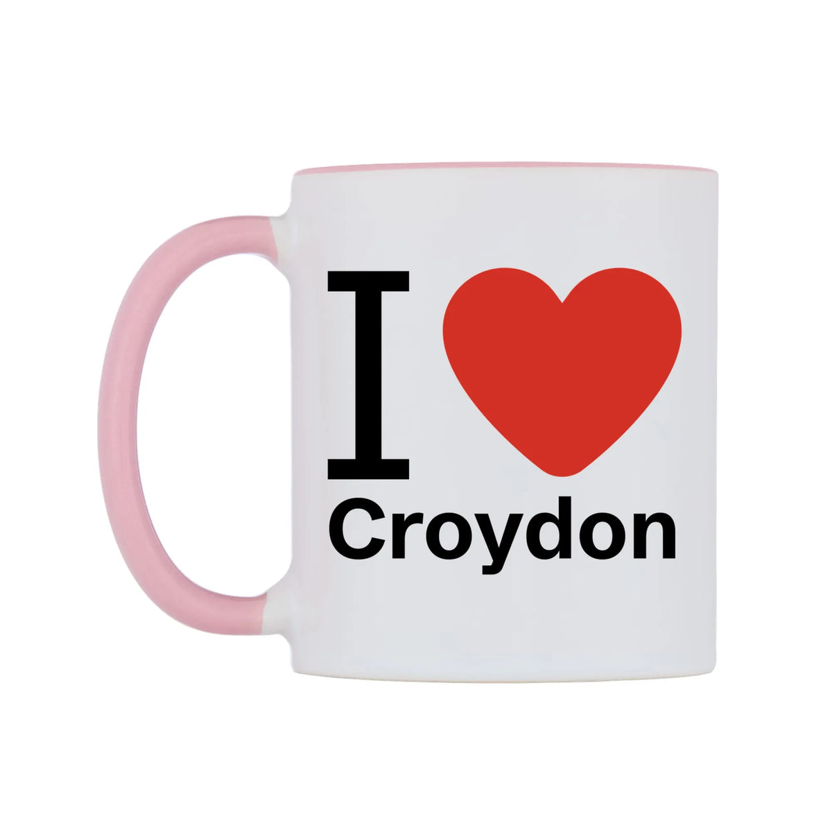 I Love Croydon Mug — white 11oz gloss mug with a pink inside and handle, right side, on a white background