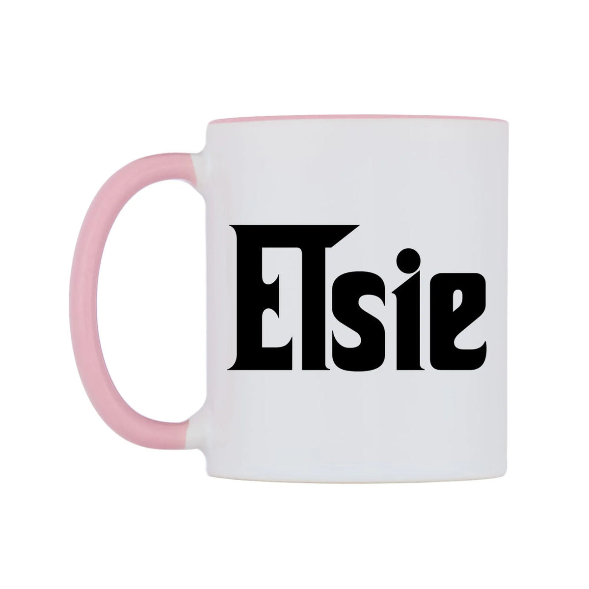 Elsie - Godfather Themed Mug — white 11oz gloss mug with a pink inside and handle, right side, on a white background