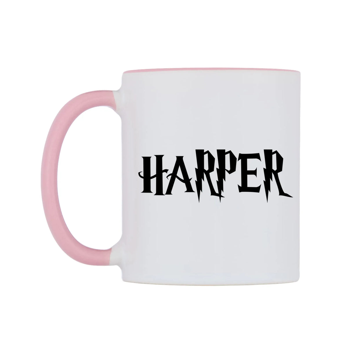 Harper - Wizard Themed Mug — white 11oz gloss mug with a pink inside and handle, right side, on a white background