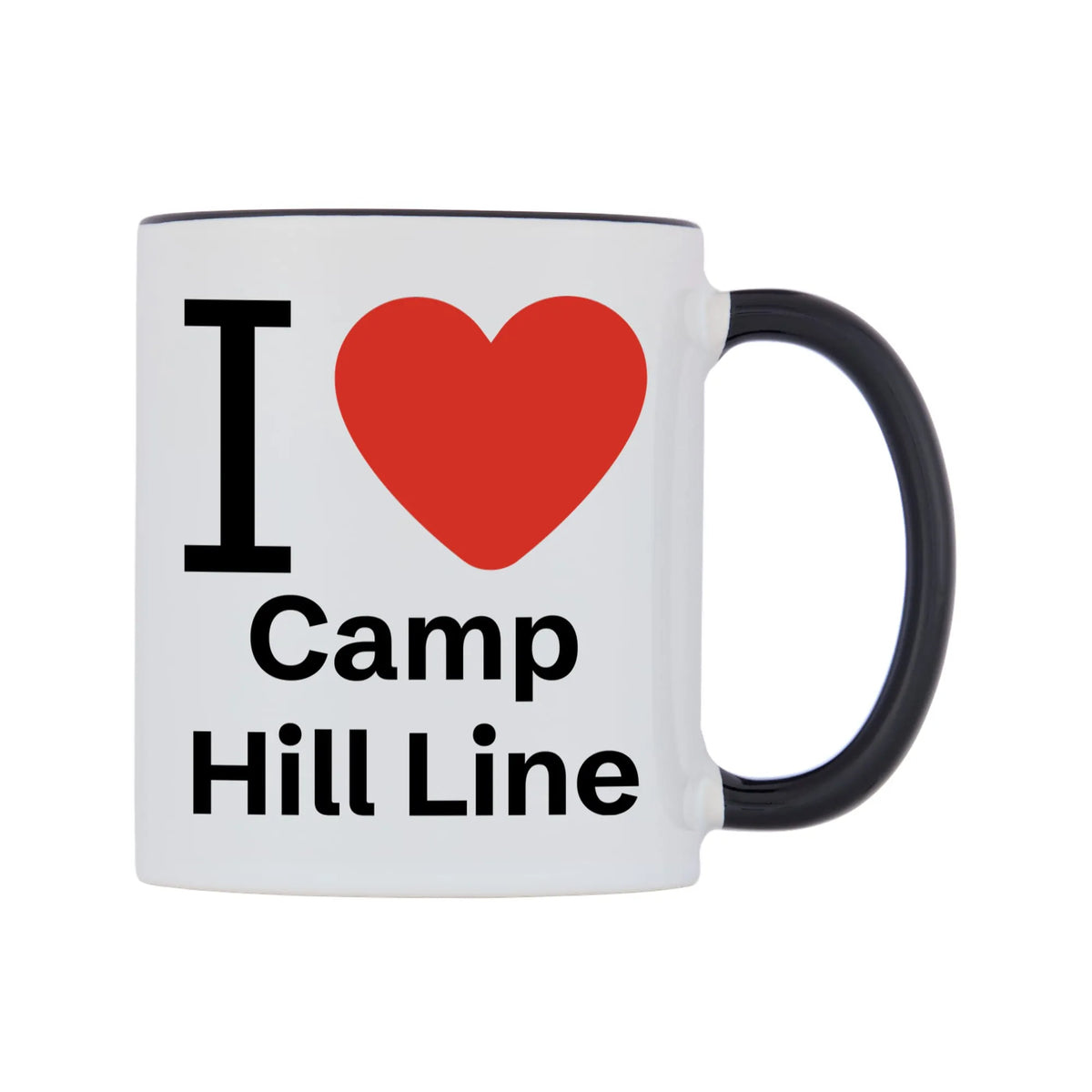 I Love Camp Hill Line Mug — white 11oz gloss mug with a black inside and handle, left side, on a white background
