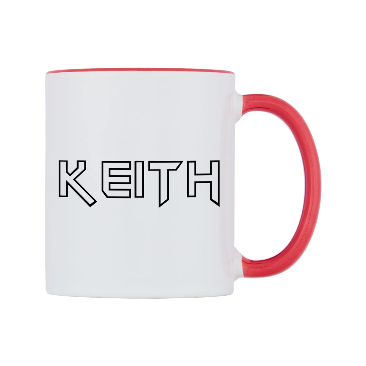 Keith - Iron Maiden Themed Mug — white 11oz gloss mug with a red inside and handle, left side, on a white background