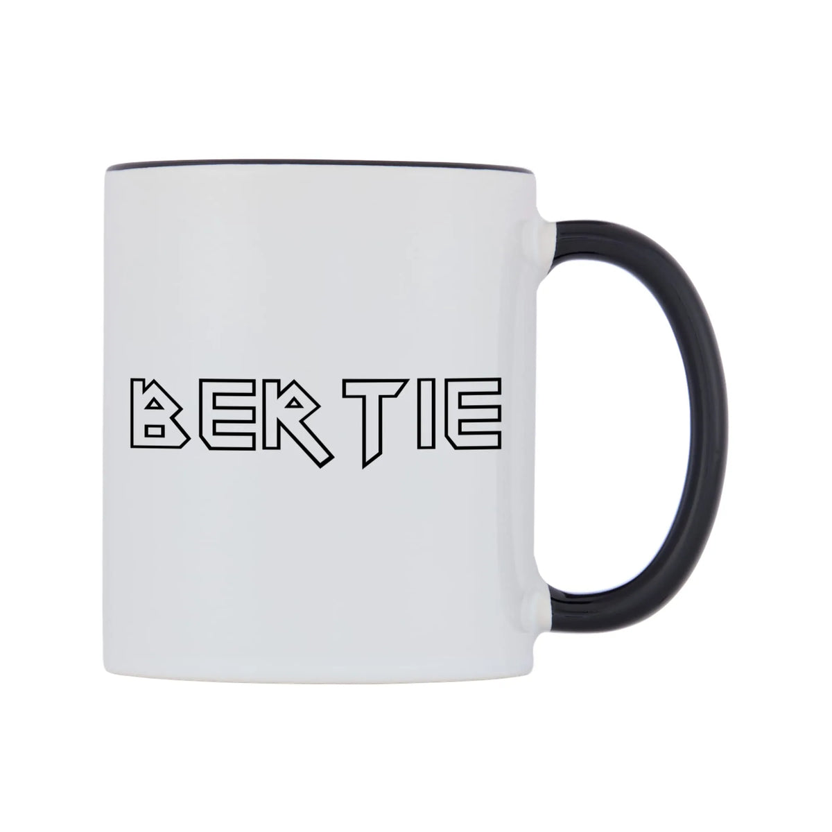 Bertie - Iron Maiden Themed Mug — white 11oz gloss mug with a black inside and handle, left side, on a white background