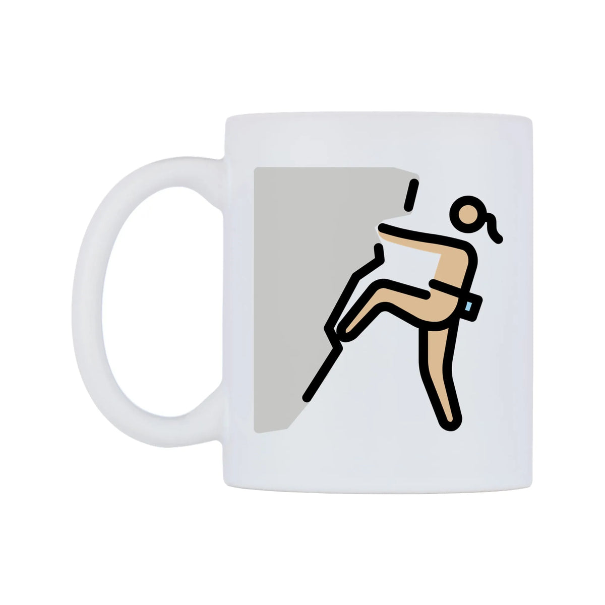 Female Climbing: Medium-Light Skin Tone Emoji Mug — mug, right side, on a white background