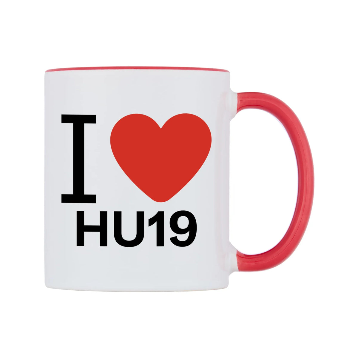 I Love HU19 Mug — white 11oz gloss mug with a red inside and handle, left side, on a white background