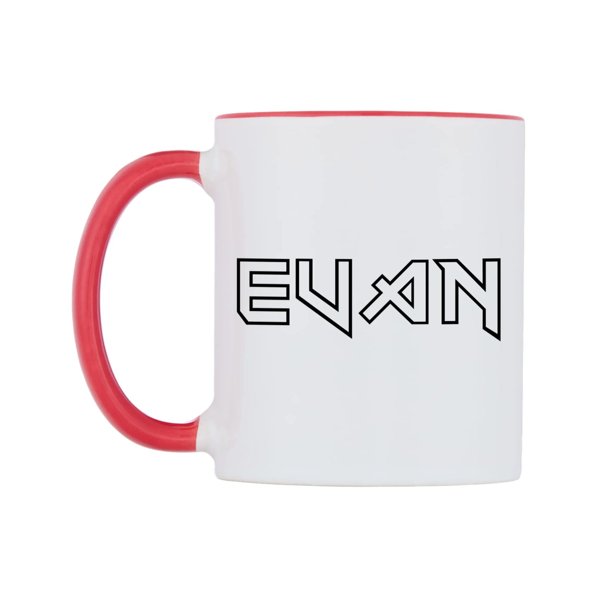 Evan - Iron Maiden Themed Mug — white 11oz gloss mug with a red inside and handle, right side, on a white background