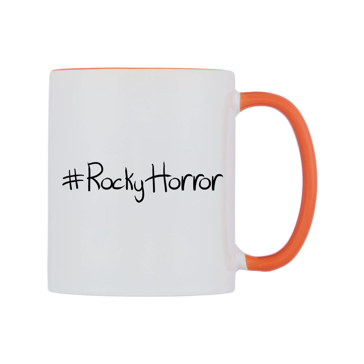 RockyHorror Mug — white 11oz gloss mug with a orange inside and handle, left side, on a white background