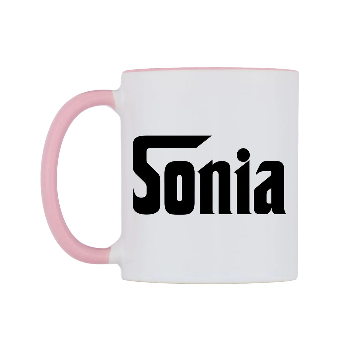 Sonia - Godfather Themed Mug — white 11oz gloss mug with a pink inside and handle, right side, on a white background