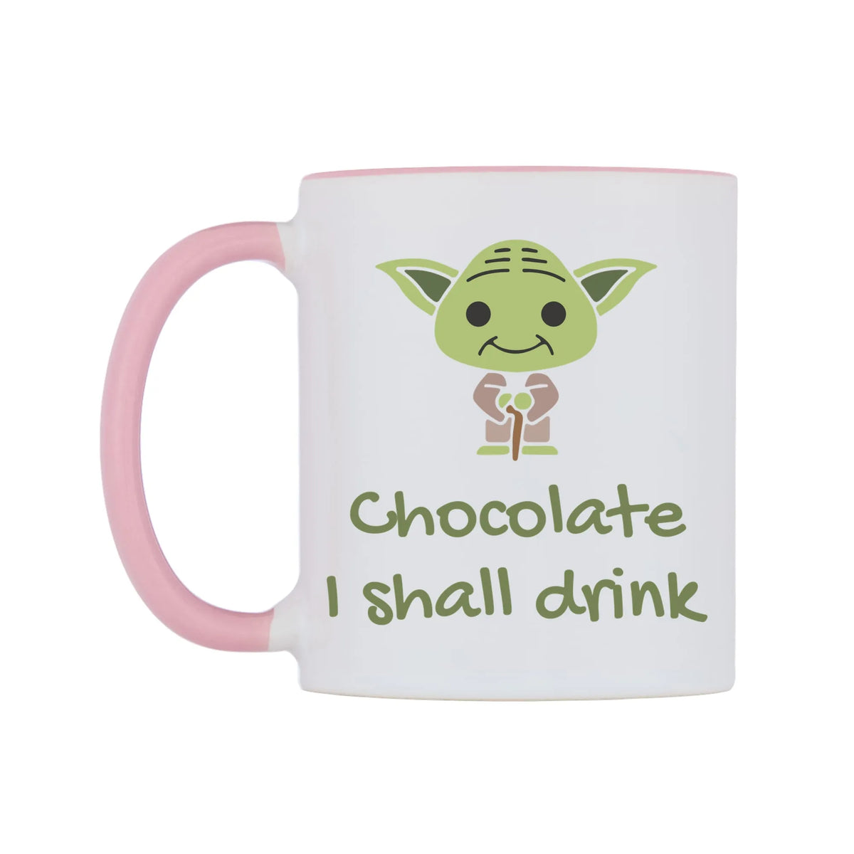Chocolate I shall drink Mug — white 11oz gloss mug with a pink inside and handle, right side, on a white background